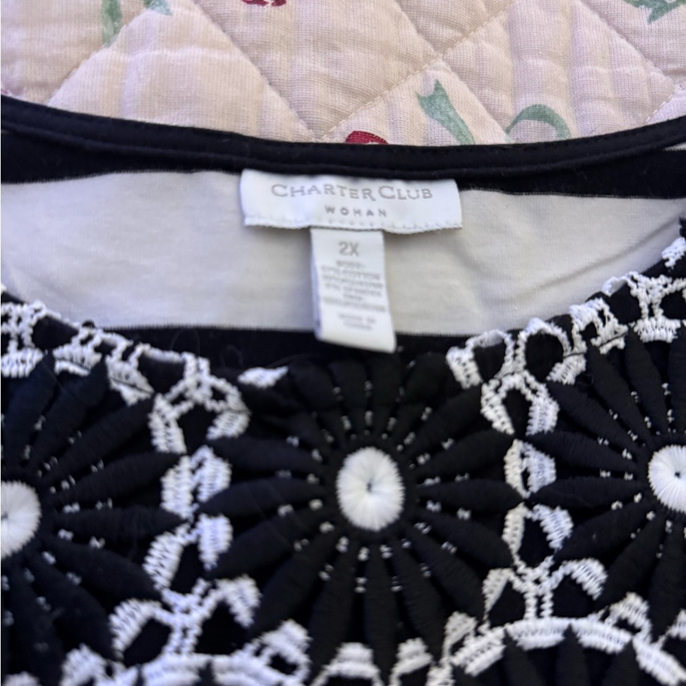 Charter Club Black and Cream Crochet Accent Top - Picture 2 of 2